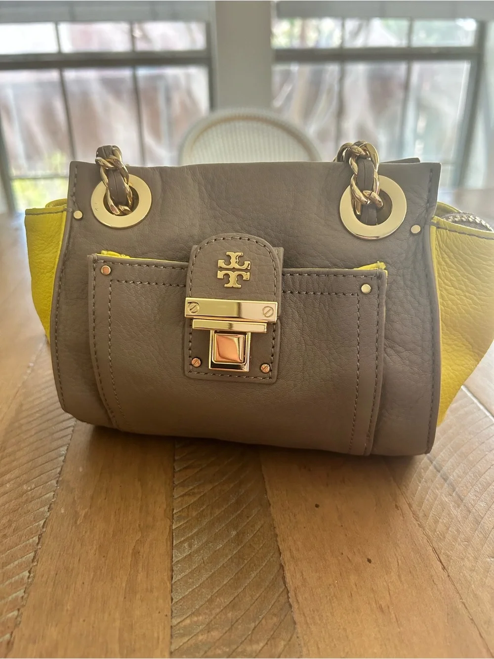 Tory Burch Two-Tone Leather Shoulder Bag in Taupe & Yellow
